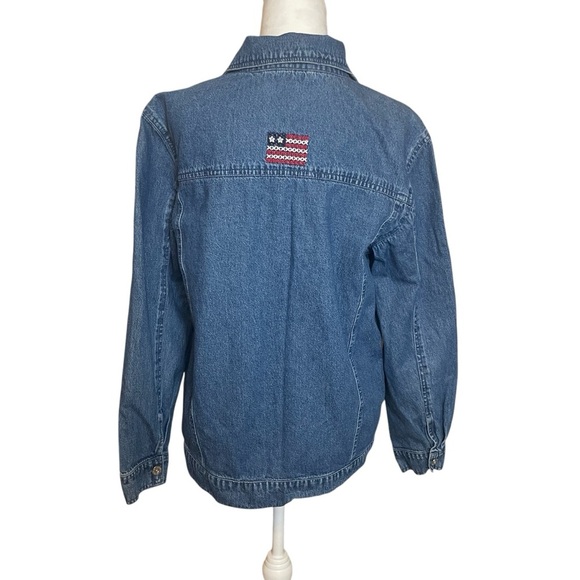 Denim & Co Womens Denim Jean Jacket Blue 100% Cotton USA Flag Embroidery Medium - Picture 4 of 11